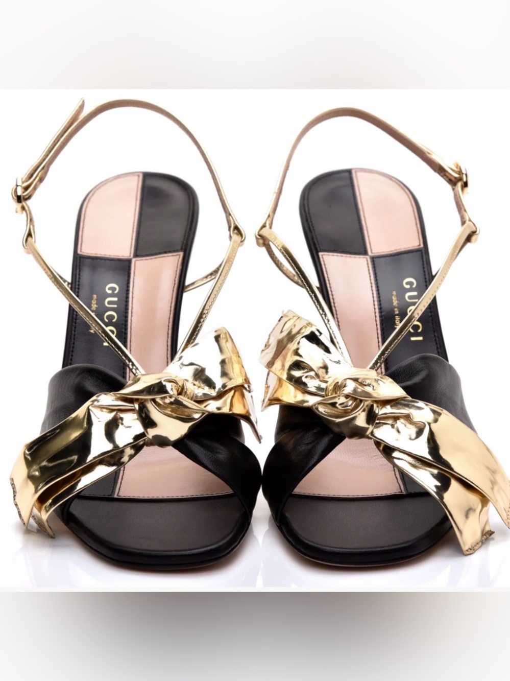 Gucci Black Leather Slingback Sandals with Gold Metallic Bow